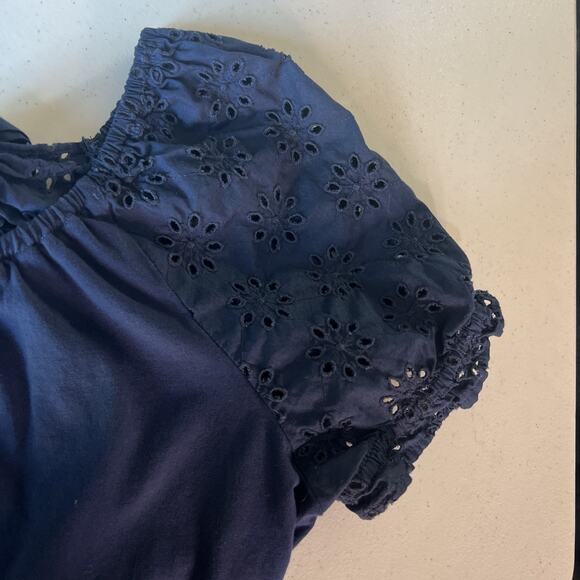 J. Crew Eyelet Puff Sleeve peasant embroidered top Medium Navy Blue Bow back - Picture 10 of 11